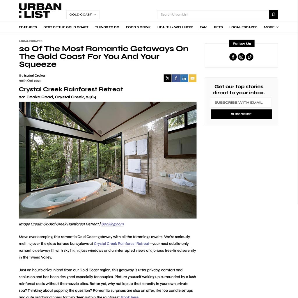 Urban List 30 October 2023: 20 of the Most Romantic Getaways on The Gold Coast for You and Your Squeeze