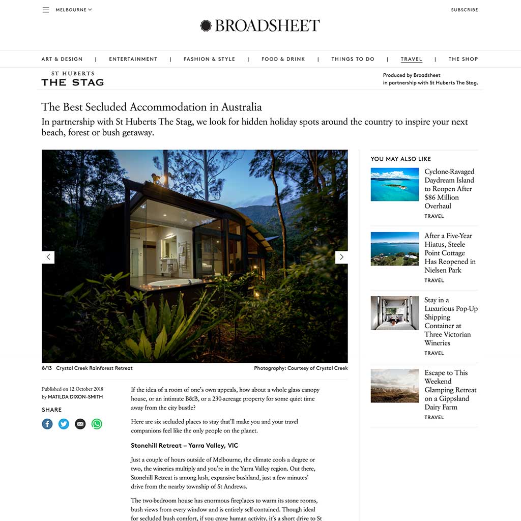 Broadsheet 12 October 2018 – Australia's Best Secluded Getaways